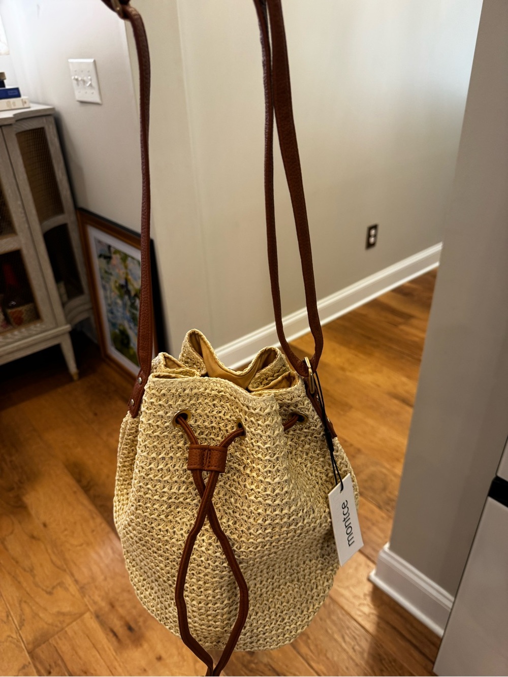 Montce Natural Straw Drawstring Shoulder Bag with Brown Trim